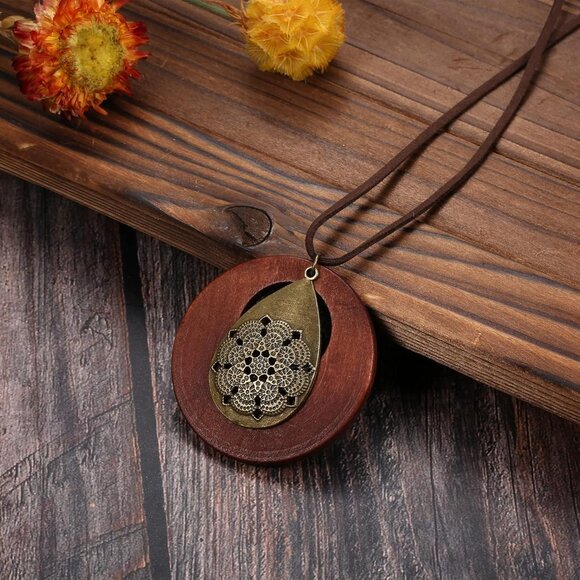 Boho 6-Pc Long Pendant Necklaces Set for Women Vintage Wood Feather Peace - Picture 6 of 7